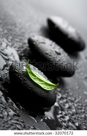 spa stones and leaf with water drops
