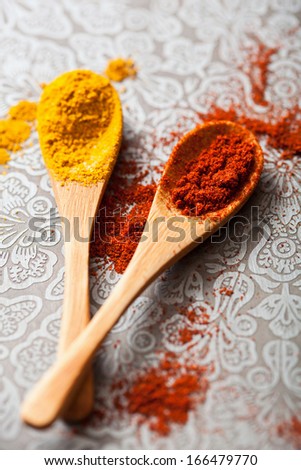 spices in spoons: curry and paprika powder