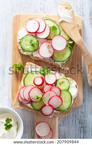 healthy sandwich with radish cucumber and cream cheese