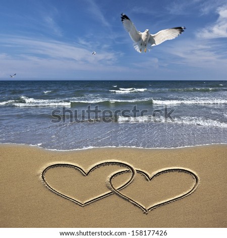 sea Ã?Â¢??Ã?Â¢??beach with a drawing of two hearts and a seagull