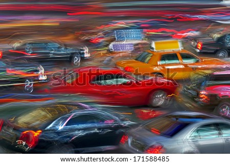 bright neon lights of night city and cars in the style of motion blur