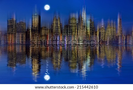Panoramic view New York City Manhattan downtown skyline at night with skyscrapers motion blur and bright moon