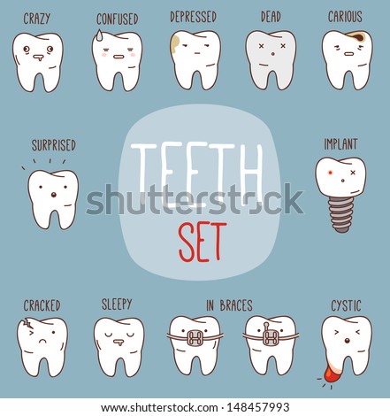 Teeth treatment set Dental collection for your design with different teeth characters Vector cartoons Illustrations for children dentistry Teeth treatment set Dental collection for your design with different teeth characters Vector cartoons Illustrations for children dentistry