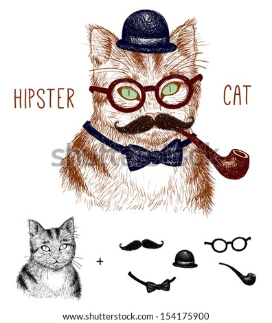 Hipster tabby cat isolated on white with hipster elements and icons Hipster accessories Vector eps 10 illustration Vintage style Make your own hipster cat All elements on separate layers Hipster tabby cat isolated on white with hipster elements and icons Hipster accessories Vector eps 10 illustration Vintage style Make your own hipster cat All elements on separate layers