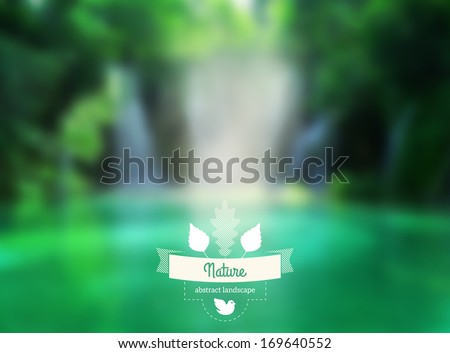 Vector green landscape with hipster badge. Lake view. Waterfall. Retro label design with leaves and ribbon. Retro backdrop. Blur. Maritime. Vector waterfall.