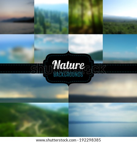 Vector blurred landscape with retro badge. Lake view. Mountains. Forest. Maritime landscape. Travel background.