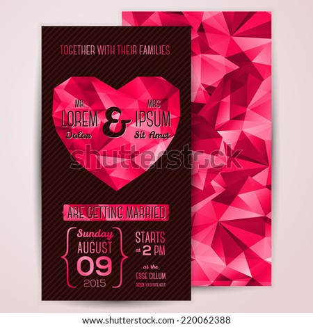 Wedding invitation cards template with abstract polygonal heart Vector illustration Dark chocolate and magenta colors Typographic template for your text Wedding invitation cards template with abstract polygonal heart Vector illustration Dark chocolate and magenta colors Typographic template for your text