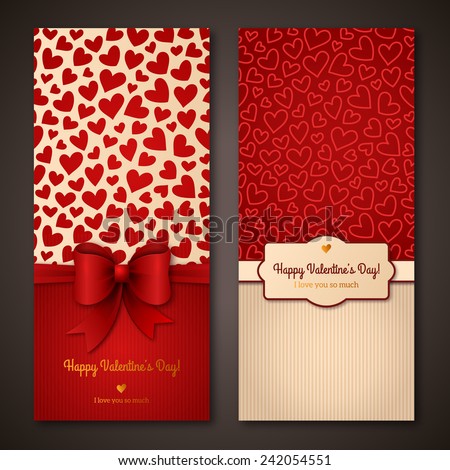 Happy Valentine\'s Day greeting cards. Vector illustration. Place for your text message. Design in classic colors. Holiday brochure design for corporate greeting cards.