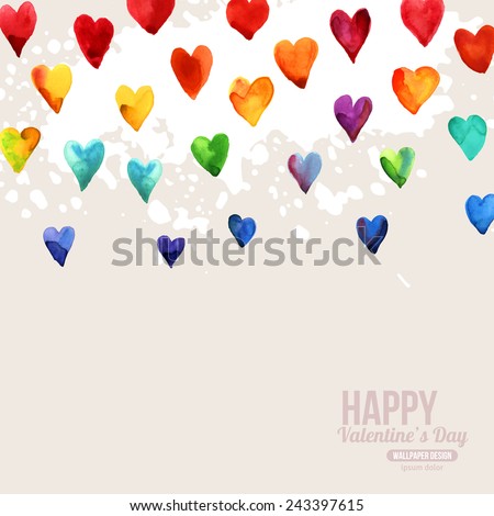 Rainbow Watercolor Happy Valentines Day Hearts. Aquarelle Holiday Vector Design. Many Rainbow Painted Hearts. Romantic Bright Lovely Design for Mothers Day.