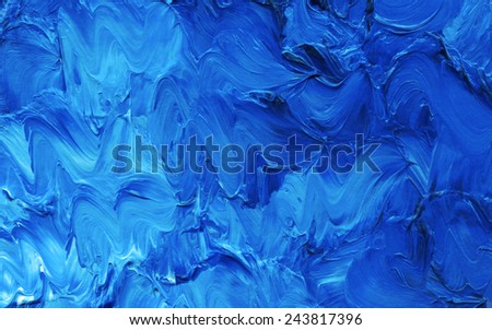 Oil painted background. Abstract backdrop. Hand drawn blue strokes. Abstract waves painting.
