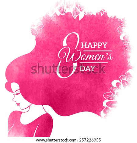 Watercolor Fashion Woman with Long Hair. Vector Illustration. Happy International Womens Day Greeting Card Design. Flowers Pattern. Typographic Composition for 8 March Day