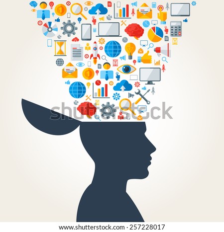 Creative concept of Business Development. Vector illustration. Man silhouette with Business icons and symbols in his head. Brainstorming process. Business Idea Generation.
