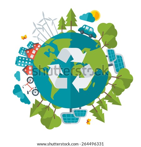 Eco Friendly, green energy concept, vector illustration. Solar energy town, wind energy, electric cars. Save the planet concept. Go green. Save the Earth. Earth Day.