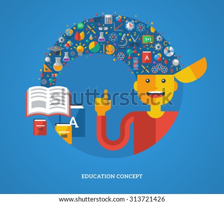 Creative concept of education. Vector illustration. Boy student with school icons and symbols flying from books into his head. Back to school. Learning process.