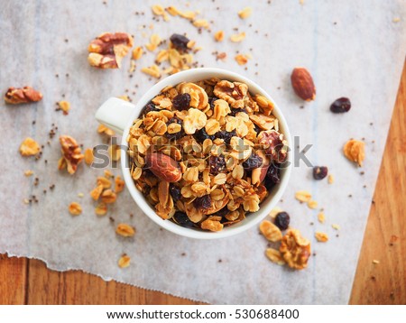 Homemade baked granola with almond,walnuts,raisin and seed for breakfast.