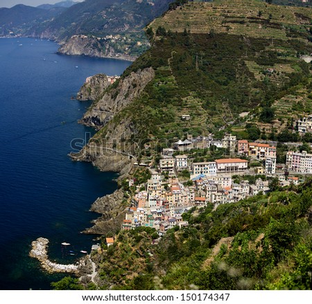 RIVIERA COAST, IRALY - CIRCA JUNE, 2011 Panoramic view of Love\'s Trail, Five Lands from the top. The coastline, the five villages, the surrounding hillsides are all part of the Italian National Park.