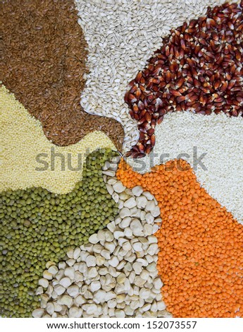 Different colorful cereals: Colorful cereal seeds background. Abstract texture background