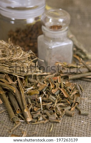 Dry herbals, different medicinal herbs - White willow bark medical herb, used in herbal medicine. Salix alba
