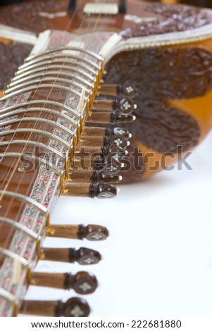 Sitar, a string Traditional Indian musical instrument, close-up