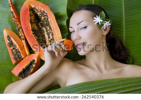 Beautiful caucasian woman having fresh papaya natural facial mask apply, skin care and wellness. Fresh papaya fruit. Facial mask of papaya slices at spa salon.