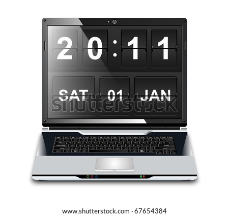 Modern Laptop with Flip Clock Screensaver, realistic vector illustration - stock vector