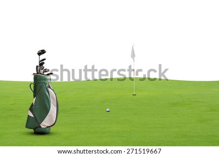 golf equipment on green and hole on white background.