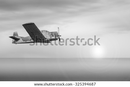 old plane over the sea. black and white.