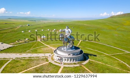Equestrian statue of Genghis Khan in sunny weather. Mongolia, Ulaanbaatar, From Drone
