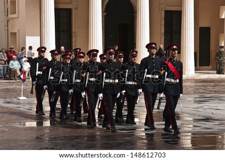 VALLETTA, MALTA - APRIL 13: Changing of the guards ceremony in the forecourt of the Presidential Palace in St. Georges Square, Valletta, Malta on April 13, 2012