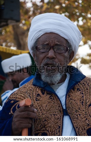 JERUSALEM - OCT 31: Portrait of a Kes, religious leader of the Ethiopian Jews, at Sigd prayers - Oct. 31, 2013 in Jerusalem, Israel. The Sigd is an annual holy day of the Ethiopian Jews.