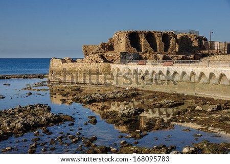 Remains of an old medieval harbor, in the old city of Acre, Israel