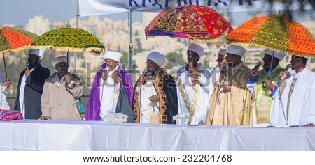 JERUSALEM - NOV 20, 2014: Kessim, religious leaders of the Ethiopian Jews, leads the Sigd pray in Jerusalem, Israel. The Sigd is an annual holiday of the Ethiopian Jews