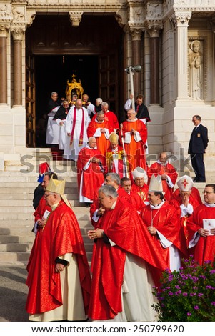 MONACO-VILLE, MONACO - JAN 27, 2015: The relics of Saint Devota are being carried out of the cathedral to the streets, as part of the annual Saint Devota celebration, in Monaco-Ville, Monaco