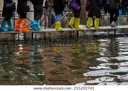 Boots and other footwear used in High water (Acqua Alta) in Venice, Veneto, Italy