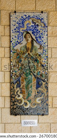 NAZARETH, ISRAEL - APR 05, 2015: A Mosaic donated by the people of Indonesia, part of a display of donations of many nations, in the Church of Annunciation, in Nazareth, Israel