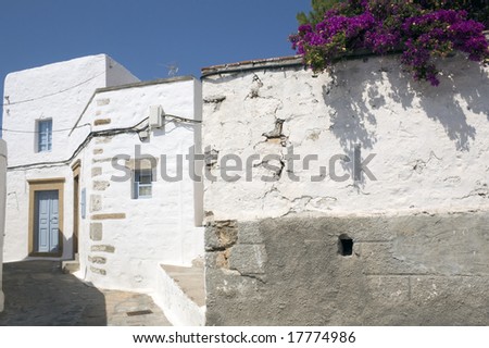 Chora of Patmos. Typical white houses built  around the Monastery St. John, Dodecanese Island,Greece.