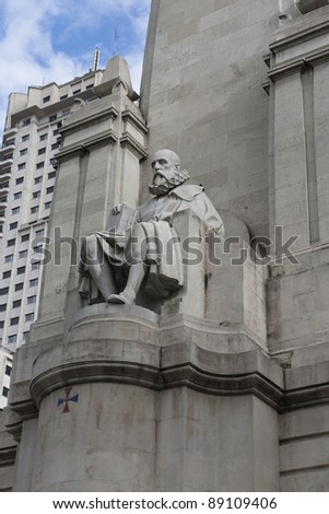 Stone sculpture of Miguel de Cervantes - Plaza de Espana - Detail of monument to spanish novelist Cervantes, Spain