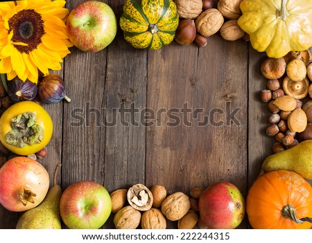 Autumn frame of fruits, vegetables, mushrooms, nuts and sunflower on a wooden table