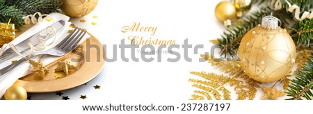 Golden Christmas ornaments border on white background
