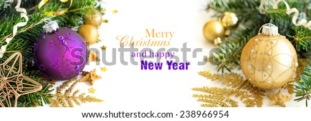 Purple and golden Christmas ornaments border on white background