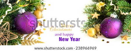 Purple and golden Christmas ornaments border on white background