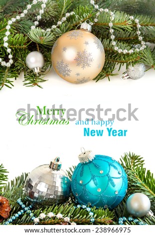 Cream, turquoise and silver Christmas decor border on white background