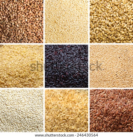 Collage of 9 cereals: buckwheat, millet, spelt, bulgur, black rice, amaranth, quinoa, brown rice, red rice