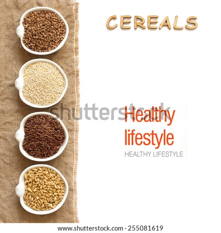 Cereals in bowls border with word Cereals isolated in white