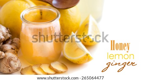 Honey, lemon and ginger isolated on white