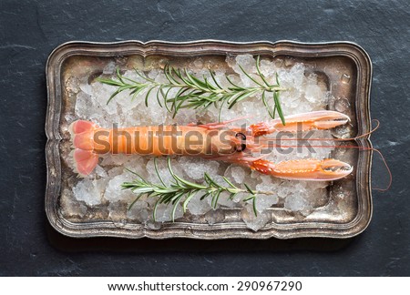 Raw langoustine and rosemary on ice on a silver tray over dark background top view