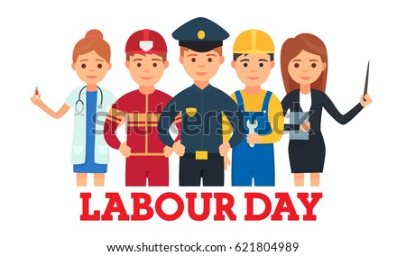 A Group Of People Of Different Professions. Doctor, fireman, policeman, teacher, worker. Set of occupations. Labour Day On 1 May. Logo, emblem, banner, Labor Day. Vector images in cartoon style