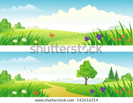 Vector Spring And Summer Landscapes Banners
