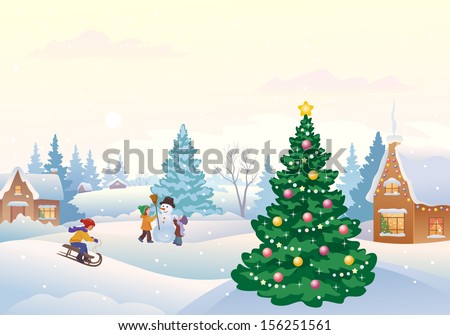 Vector illustration of kids making a snowman and other winter fun outdoors at snowy day