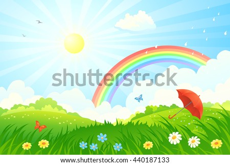 Vector cartoon illustration of a summer scenery with a rainbow after rain and an umbrella on a green meadow